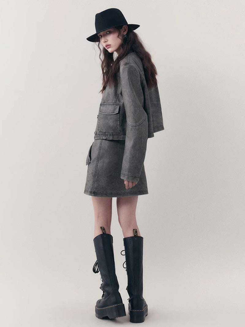 Leather Casual Handsome Set-Up Jacket&Mini-Skirt
