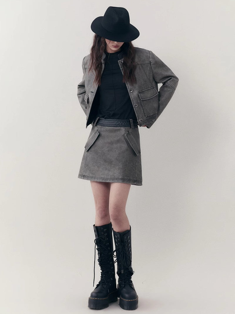 Leather Casual Handsome Set-Up Jacket&Mini-Skirt