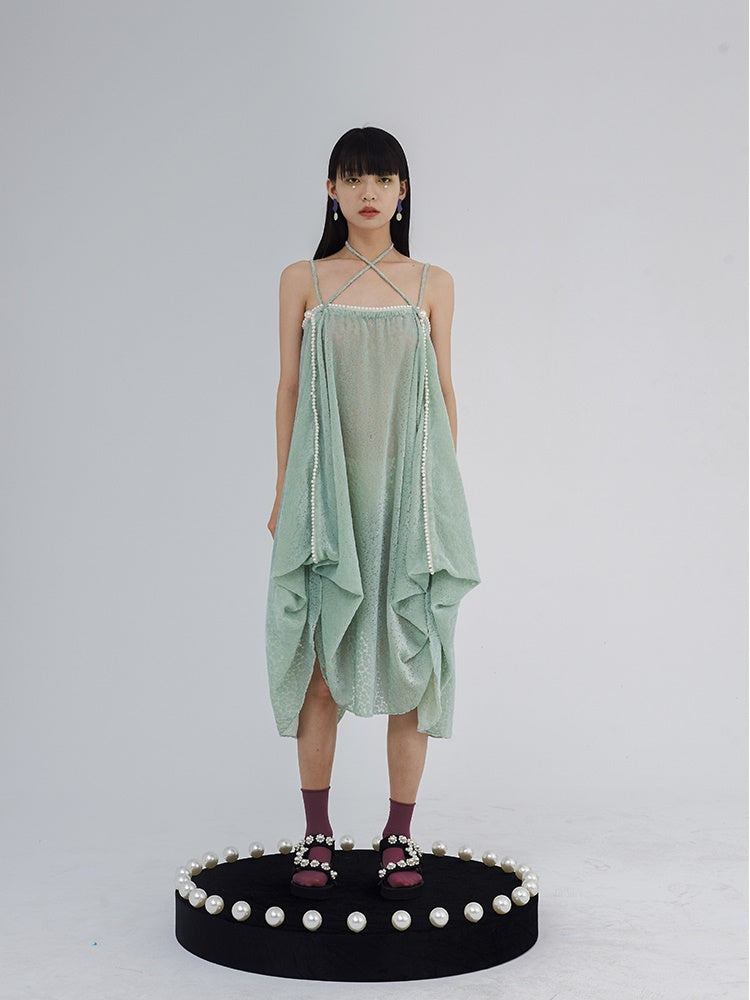 Lace Flower Mesh Shesh Drape Flare Camisole One-pièce