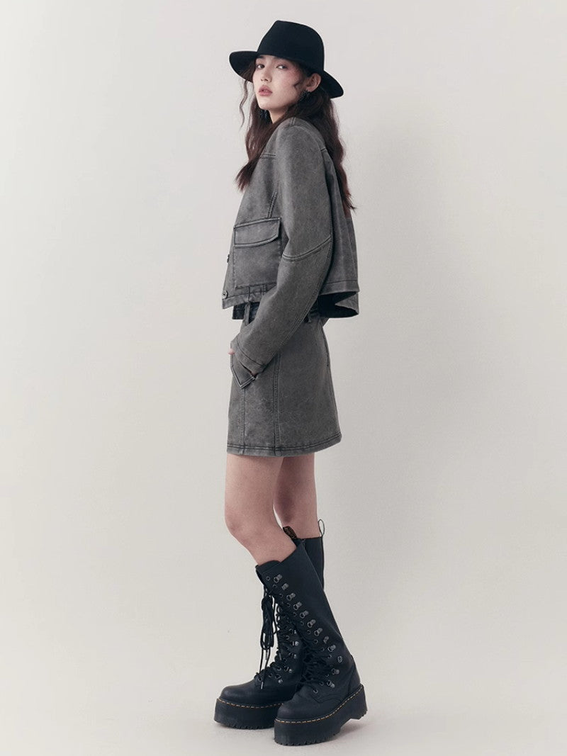 Leather Casual Handsome Set-Up Jacket&Mini-Skirt