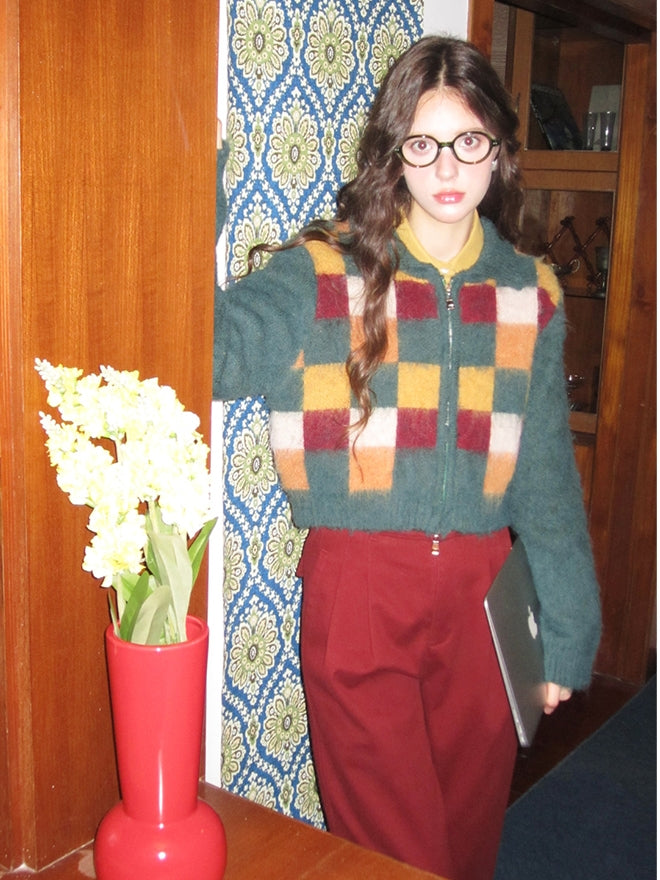 Retro Square Patchwork Fluffily Crew-Neck Zip Mohair-Knit
