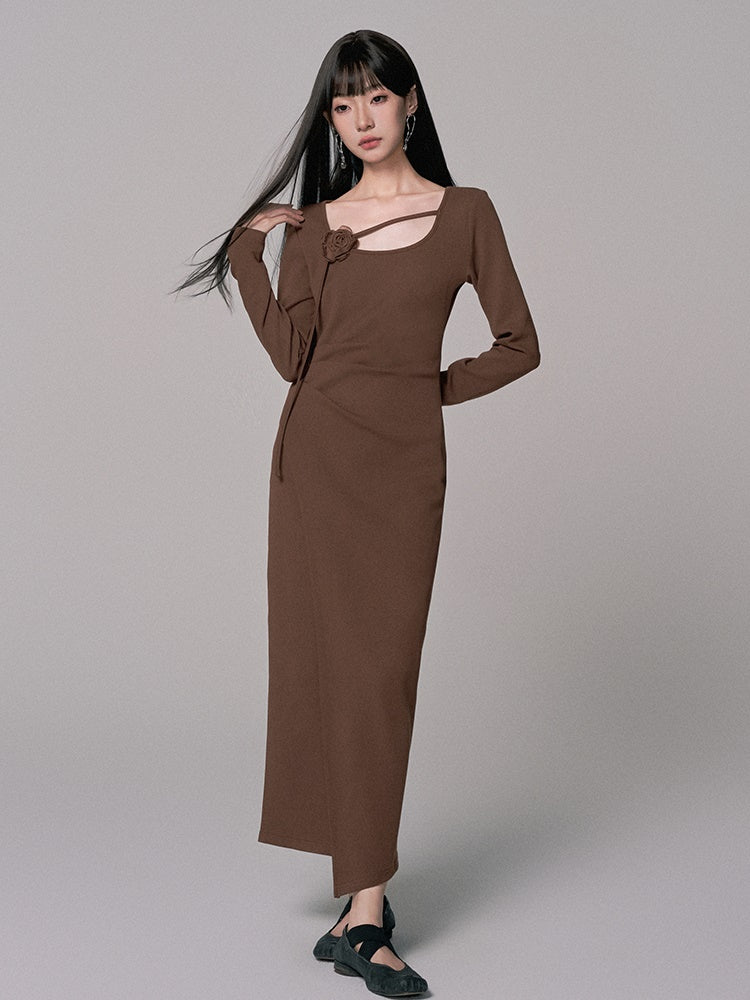 Simple Long Flower-Motif Chic Long-Sleeve Dress