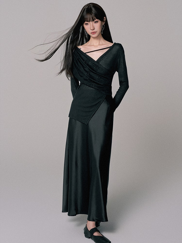 Cache-Coeur Sheer Asymmetry Satin Chic Blouse&Long-Skirt