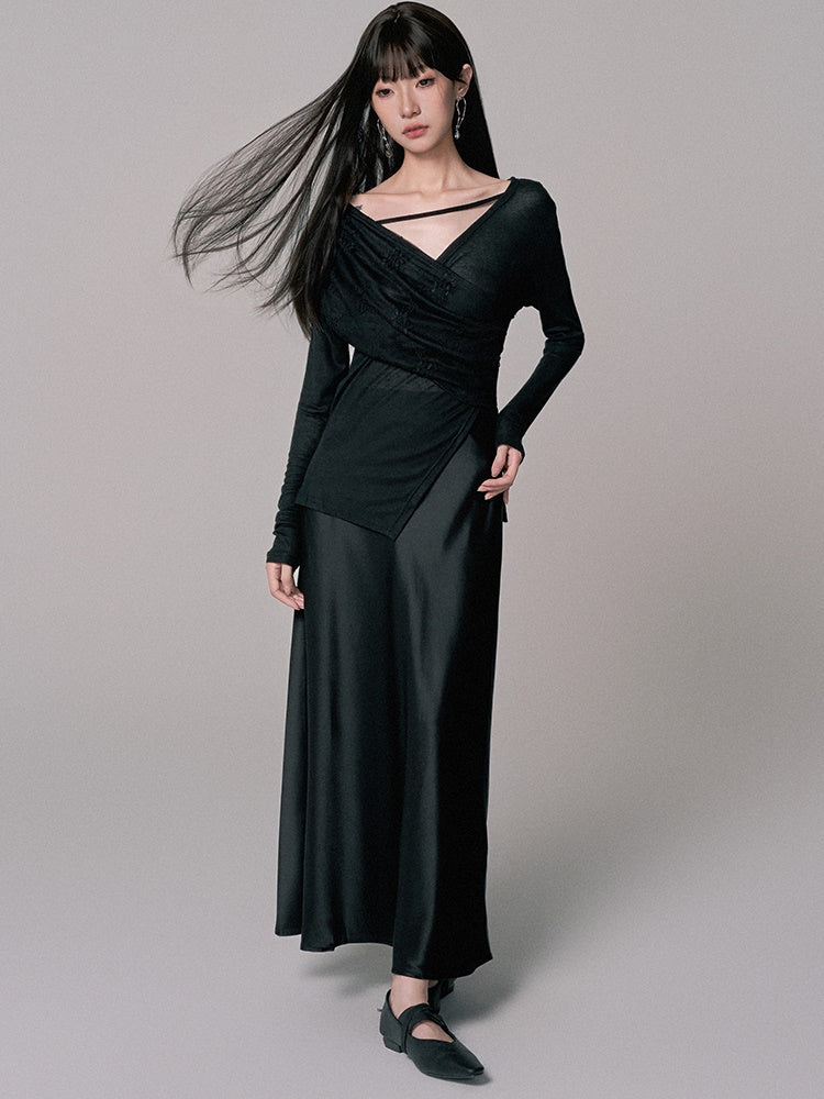 Cache-Coeur Sheer Asymmetry Satin Chic Blouse&Long-Skirt