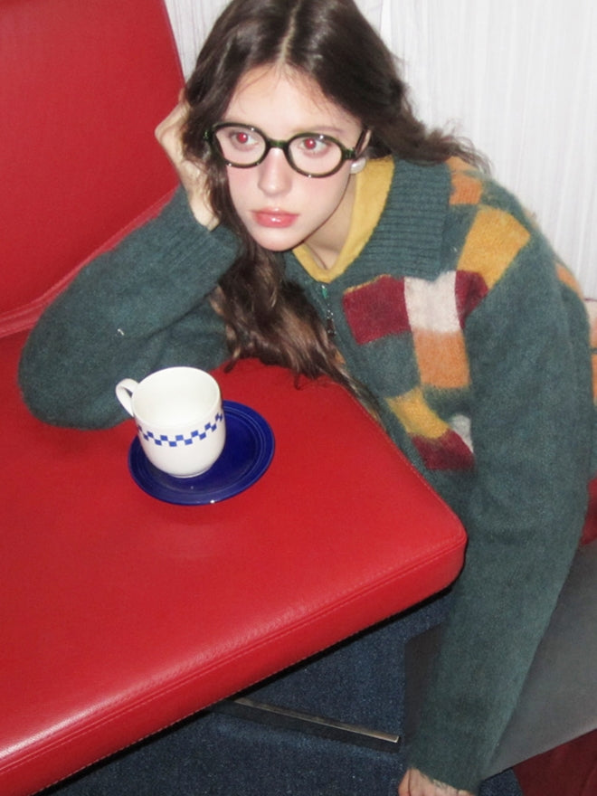 Retro Square Patchwork Fluffily Crew-Neck Zip Mohair-Knit