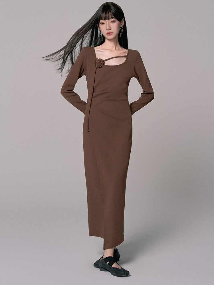 Simple Long Flower-Motif Chic Long-Sleeve Dress