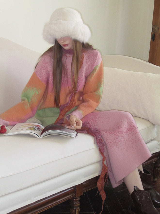 Set-Up Gradation Knit Fancy Loose Cover Tops&Long-Skirt