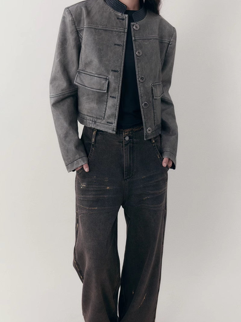 Leather Casual Handsome Set-Up Jacket&Mini-Skirt