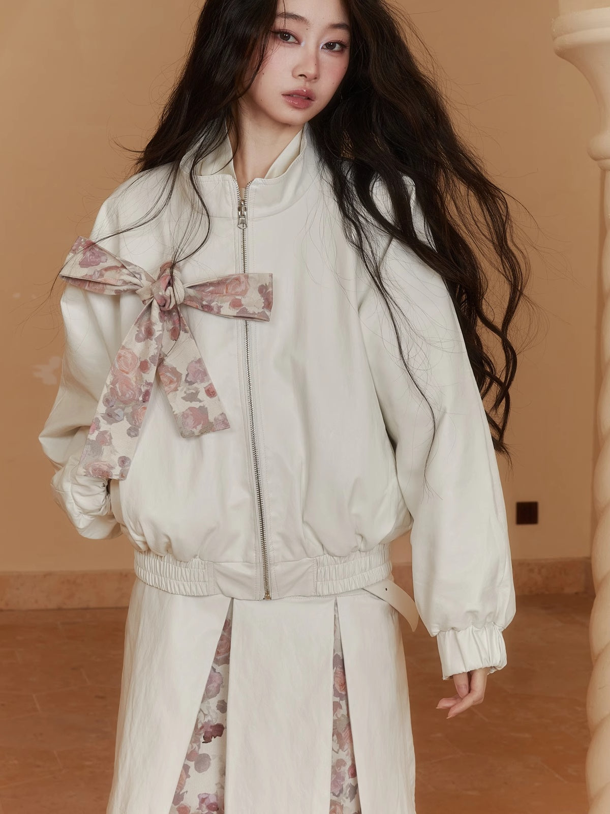Reversible Flower Ribbon Leather Retro Feminine Jacket&Mini-Skirt