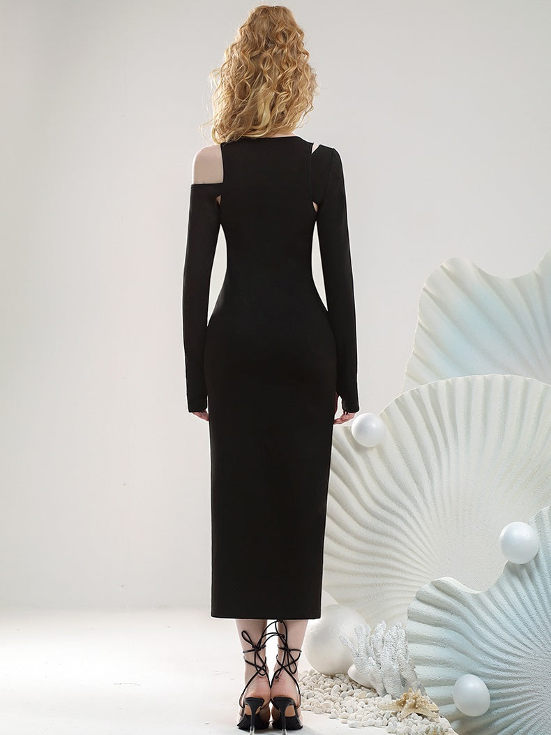 꽃 필기 깊은 슬릿 꽉 비대칭 스트레치 원피스 & 탑