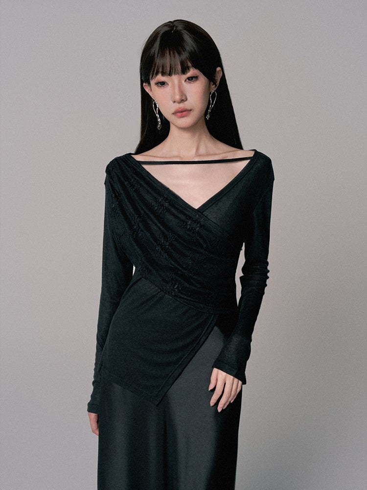 Cache-Coeur Sheer Asymmetry Satin Chic Blouse&Long-Skirt
