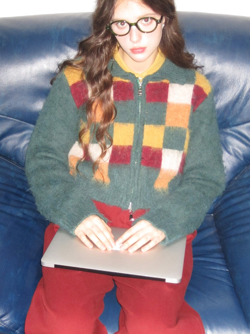 Retro Square Patchwork Fluffily Crew-Neck Zip Mohair-Knit