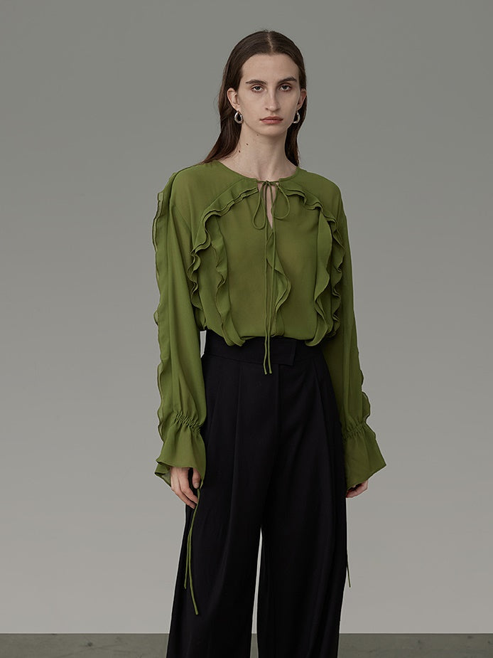 Ciffon Ruffle Drawstring Loose Chic Blouse