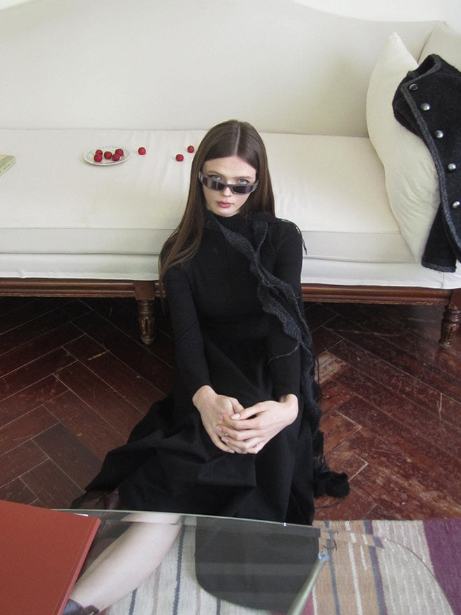 Slim Monotone Long Ruffle Simple Chic One-Piece