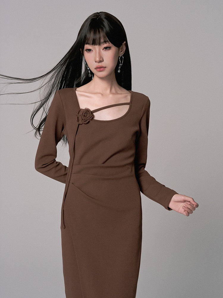 Simple Long Flower-Motif Chic Long-Sleeve Dress