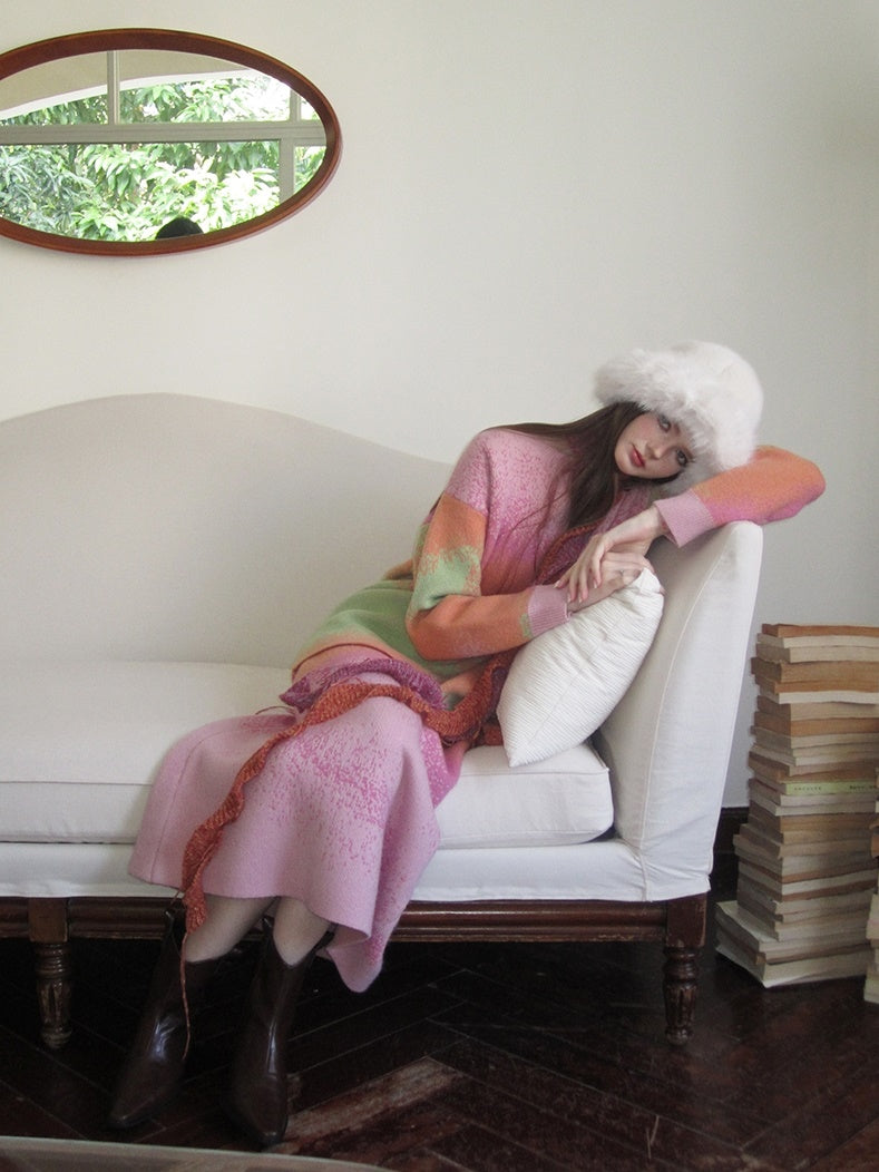Set-Up Gradation Knit Fancy Loose Cover Tops&Long-Skirt