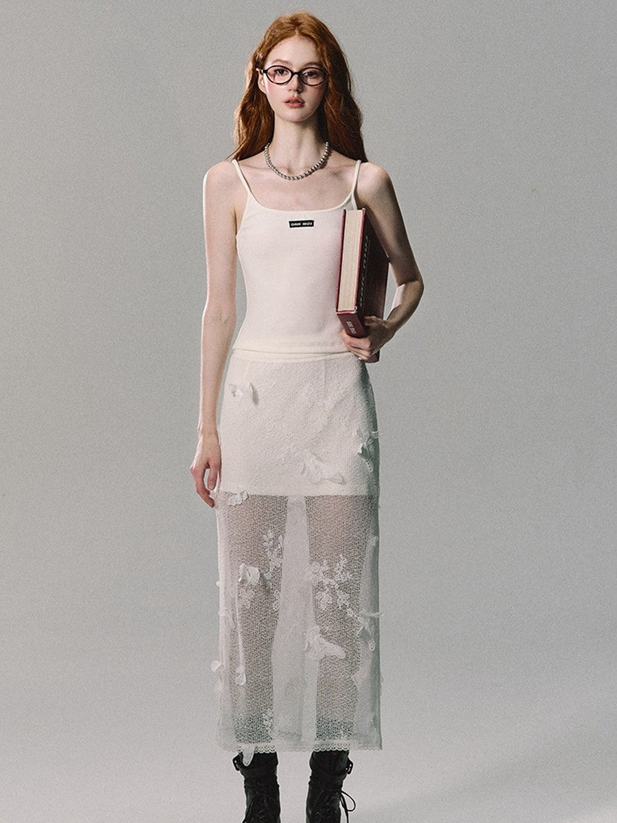 Set-Up Mesh See-Through Knit Cardigan&Camisole&Long-Skirt