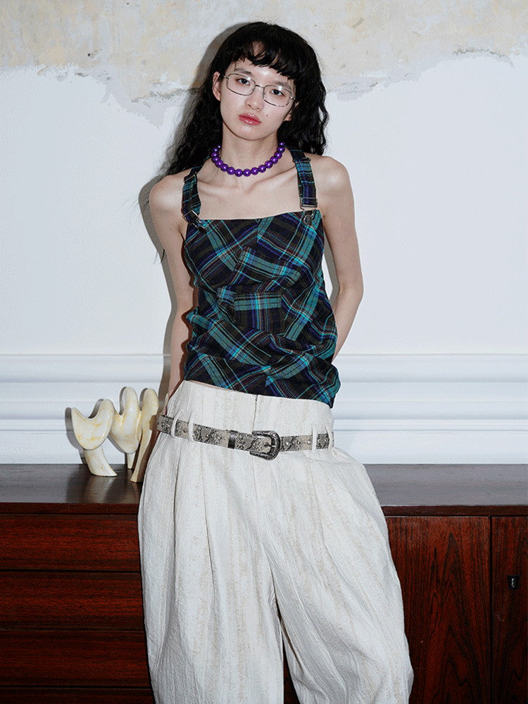 Back-Open Suspenders Checked Retro Patchwork Tops