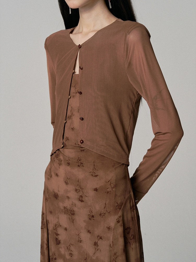 Cardigan&Dress Asymmetry Flower Embroidery Long Retro Set-Up