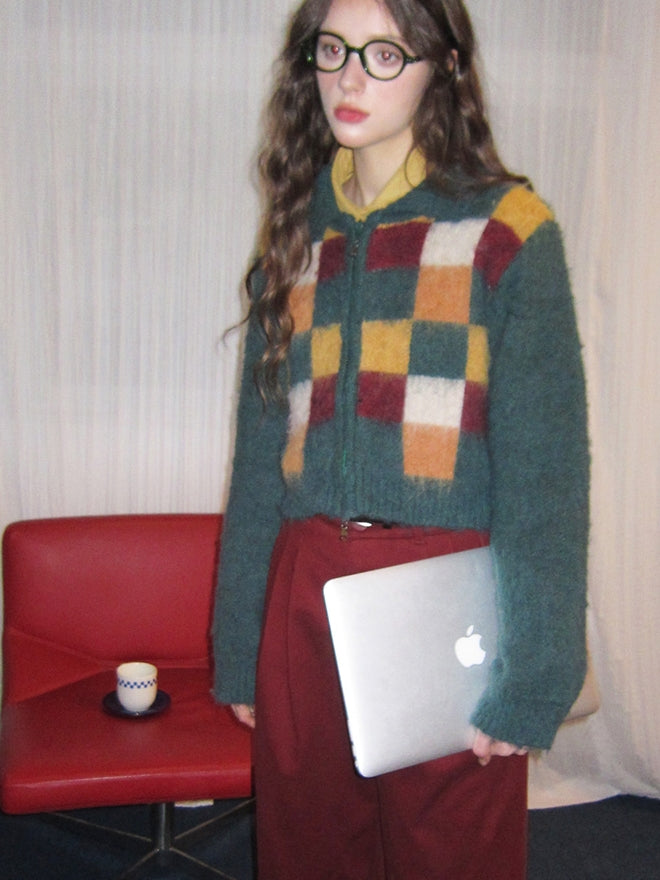 Retro Square Patchwork Fluffily Crew-Neck Zip Mohair-Knit