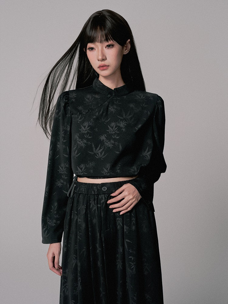 Blouse&Long-Skirt Chic Simple Embroidery Leaf Set-Up