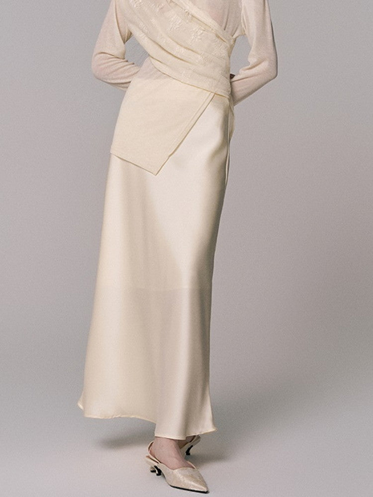 Cache-Coeur Sheer Asymmetry Satin Chic Blouse&Long-Skirt