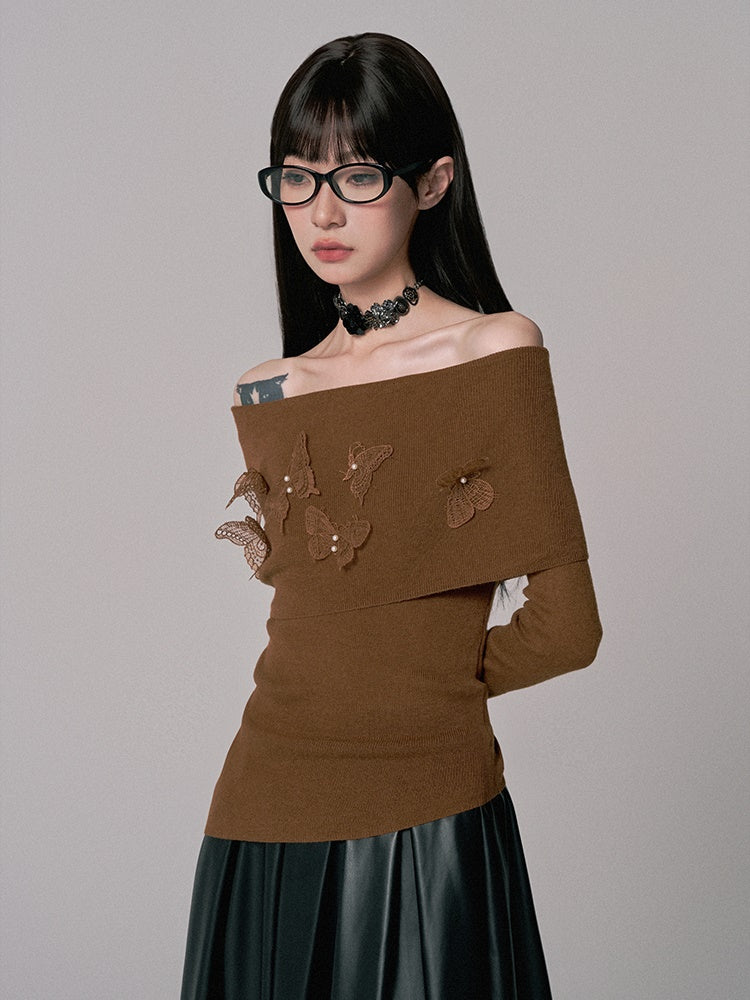 Knit&Long-Skirt Off-Shoulder Flower Thin Plain Chic Set-Up