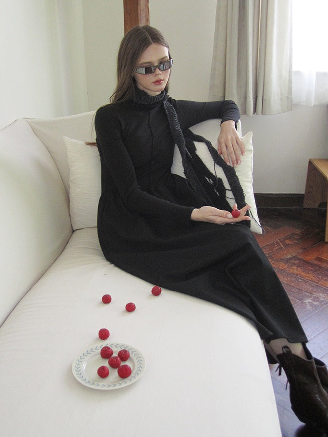 Slim Monotone Long Ruffle Simple Chic One-Piece