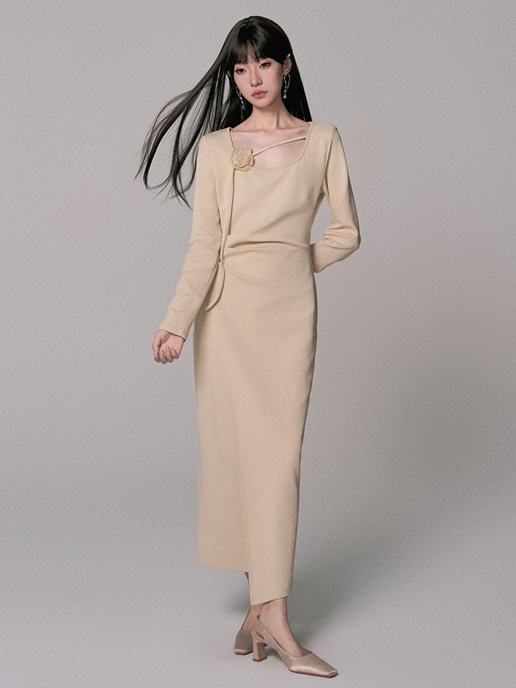 Simple Long Flower-Motif Chic Long-Sleeve Dress