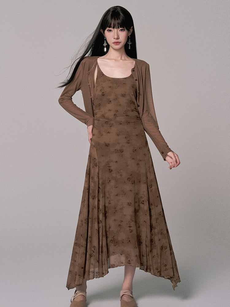Cardigan&Dress Asymmetry Flower Embroidery Long Retro Set-Up