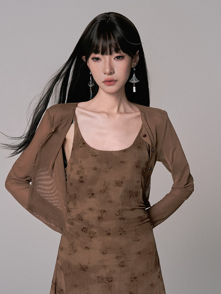 Cardigan&Dress Asymmetry Flower Embroidery Long Retro Set-Up