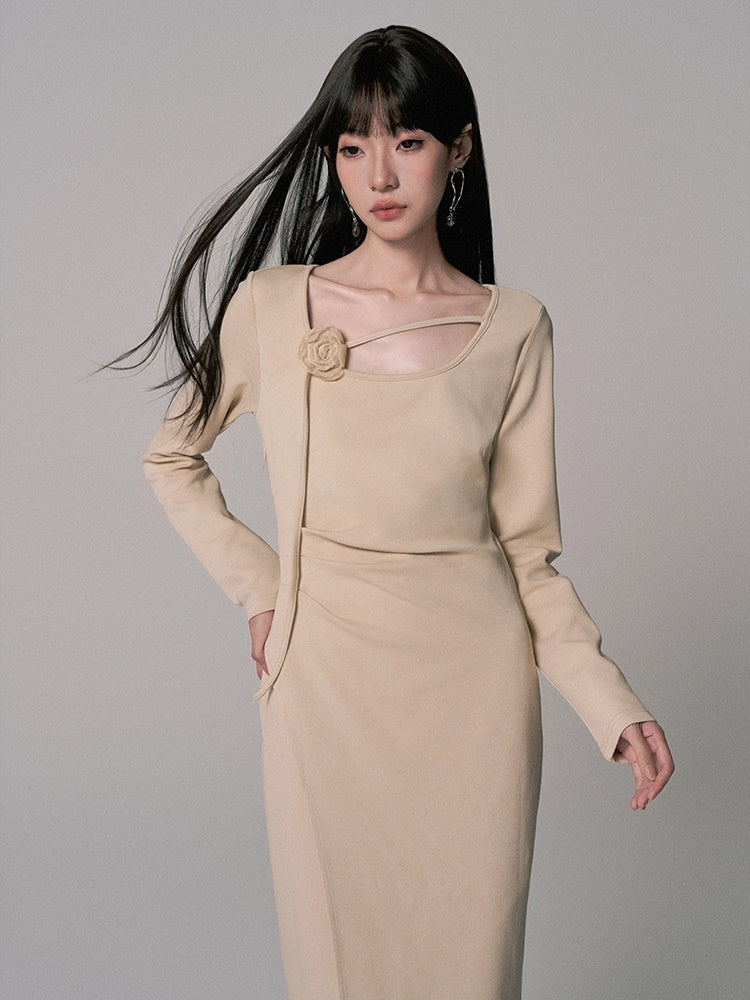 Simple Long Flower-Motif Chic Long-Sleeve Dress