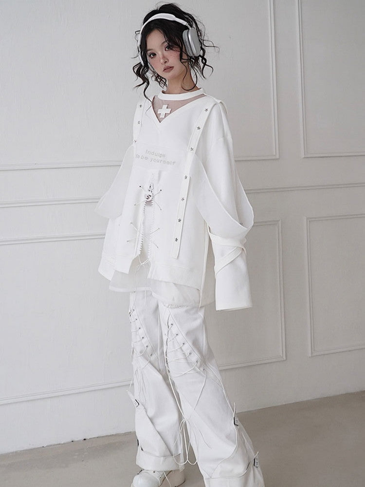 Star Nichi Zip Lace-Up Embroidery Ovreszie Cross Tops