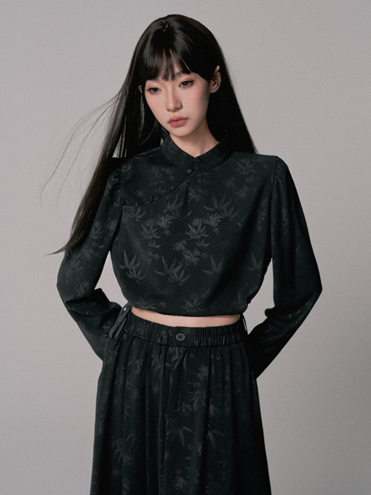 Blouse&Long-Skirt Chic Simple Embroidery Leaf Set-Up