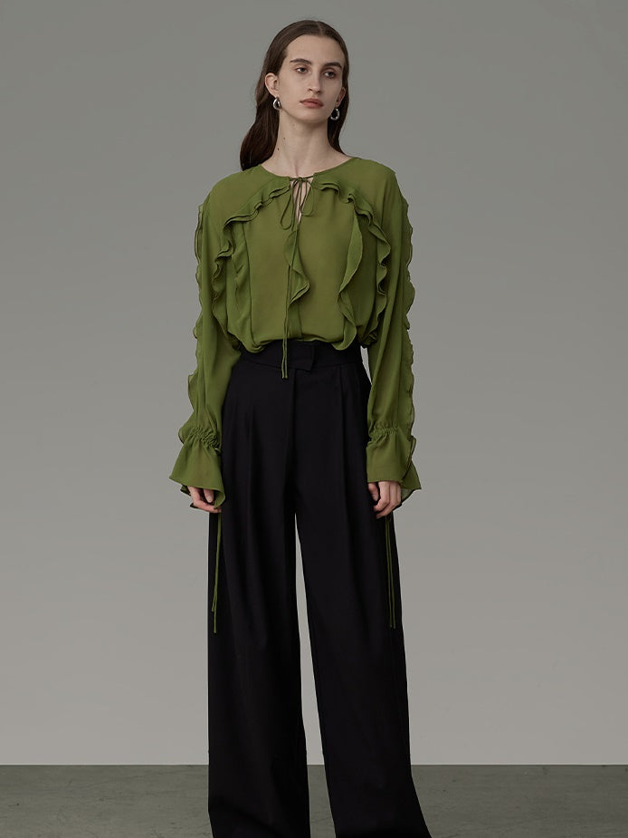Ciffon Ruffle Drawstring Loose Chic Blouse