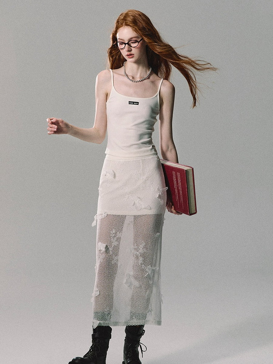 Set-Up Mesh See-Through Knit Cardigan&Camisole&Long-Skirt