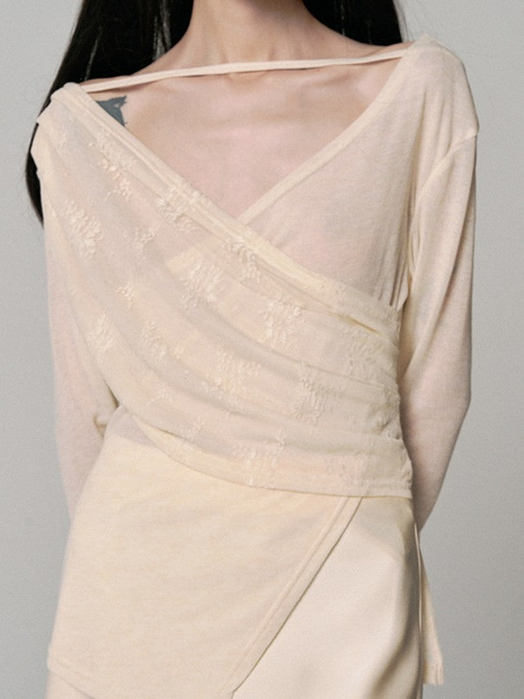 Cache-Coeur Sheer Asymmetry Satin Chic Blouse&Long-Skirt