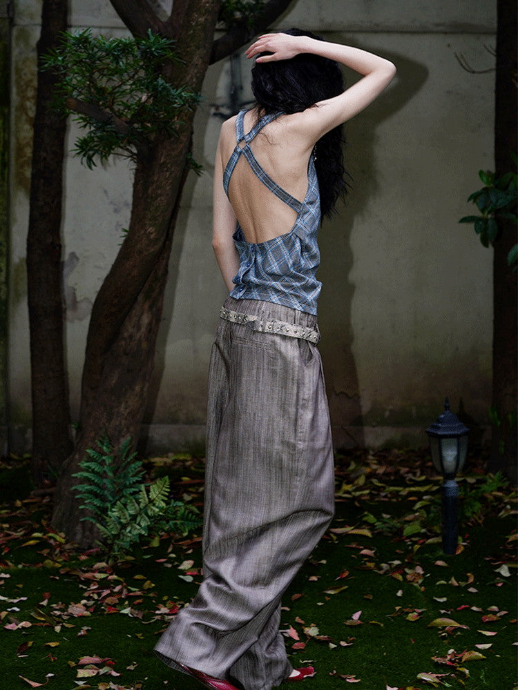 Back-Open Suspenders Checked Retro Patchwork Tops