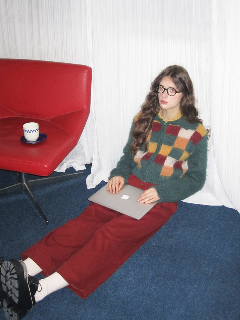 Retro Square Patchwork Fluffily Crew-Neck Zip Mohair-Knit