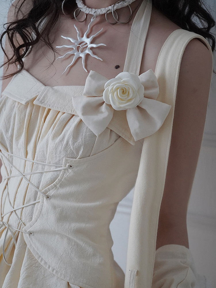 Set-Up Lace-Up Star Tiered Mesh Lace Halter-Neck Tops&Mini-Skirt