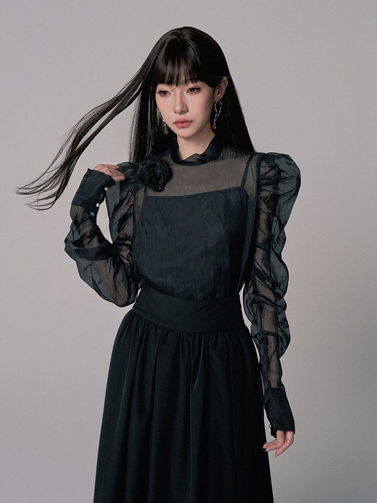 2Set Set-Up See-Through High-Neck Blouse&Camisole