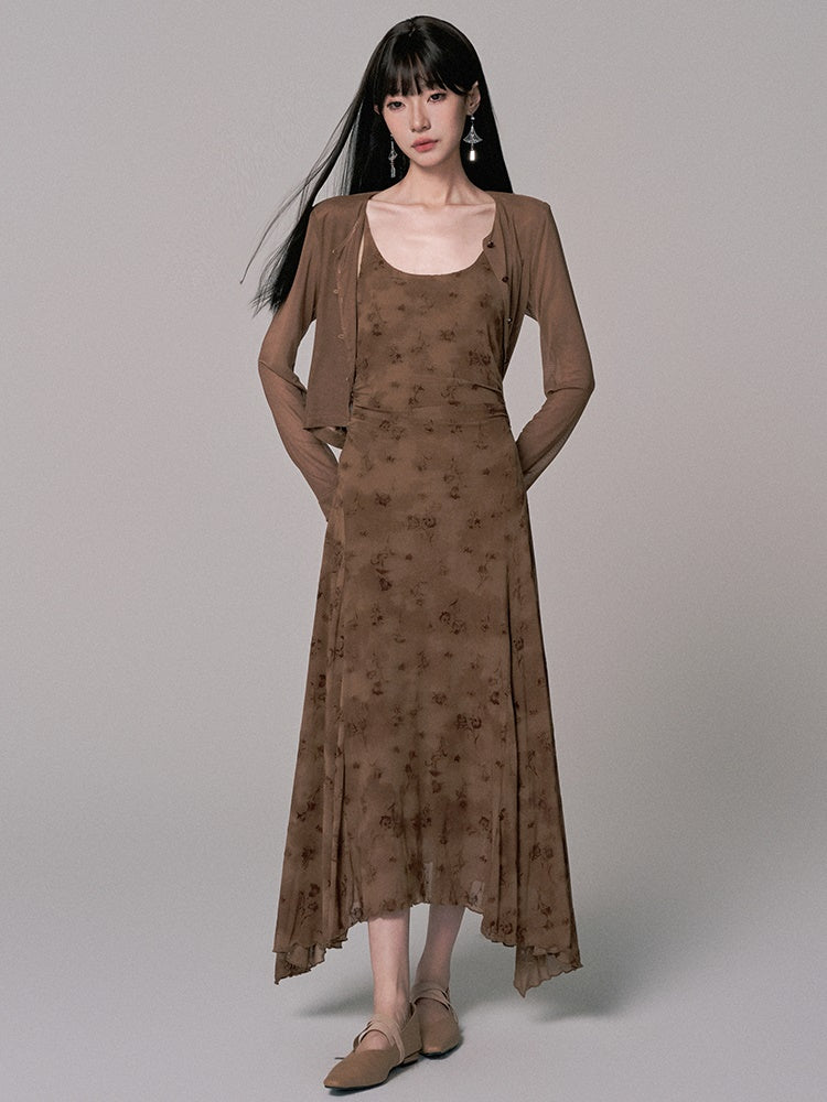 Cardigan&Dress Asymmetry Flower Embroidery Long Retro Set-Up