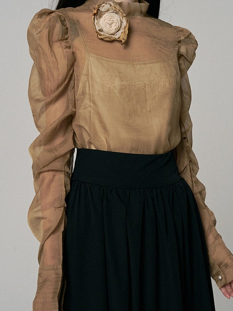 2Set Set-Up See-Through High-Neck Blouse&Camisole