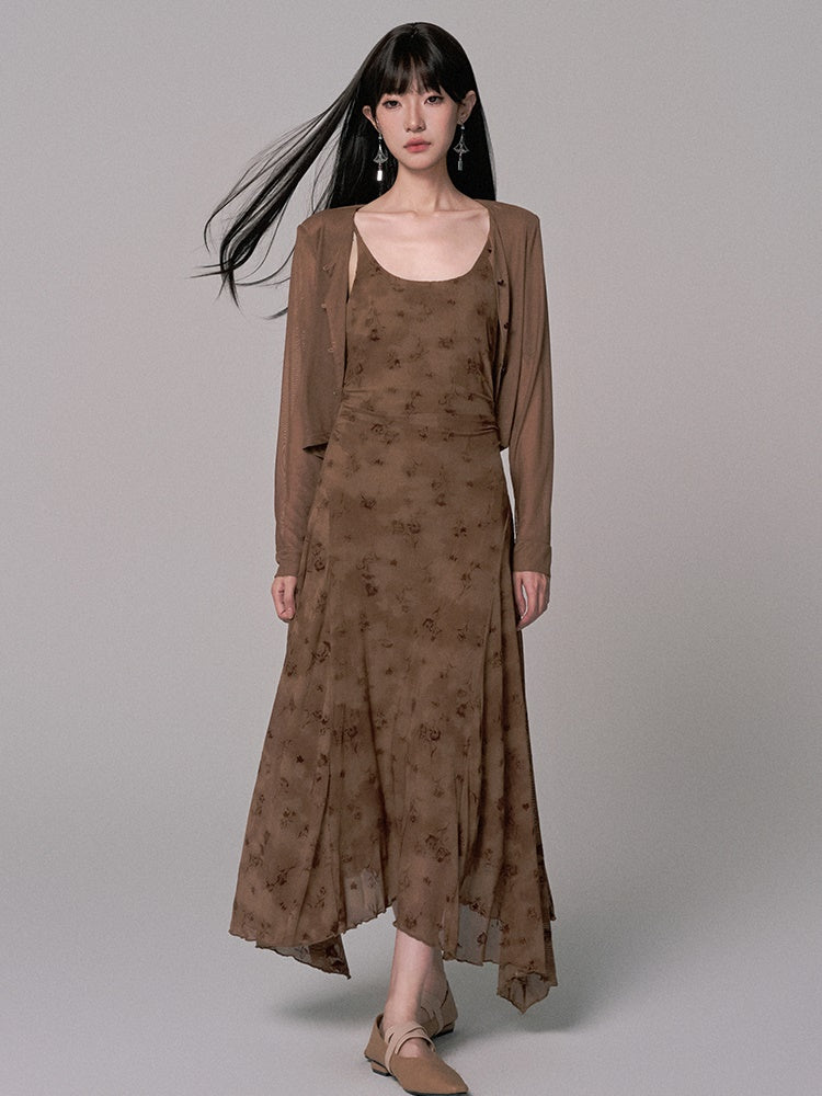 Cardigan&Dress Asymmetry Flower Embroidery Long Retro Set-Up