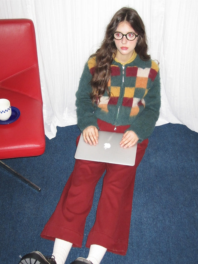 Retro Square Patchwork Fluffily Crew-Neck Zip Mohair-Knit