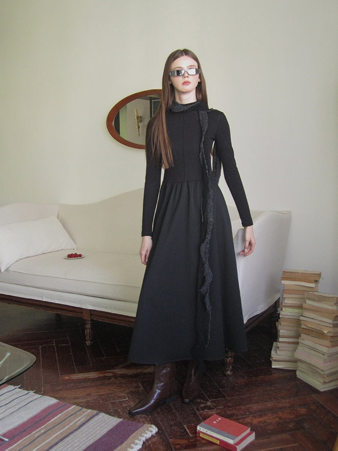 Slim Monotone Long Ruffle Simple Chic One-Piece