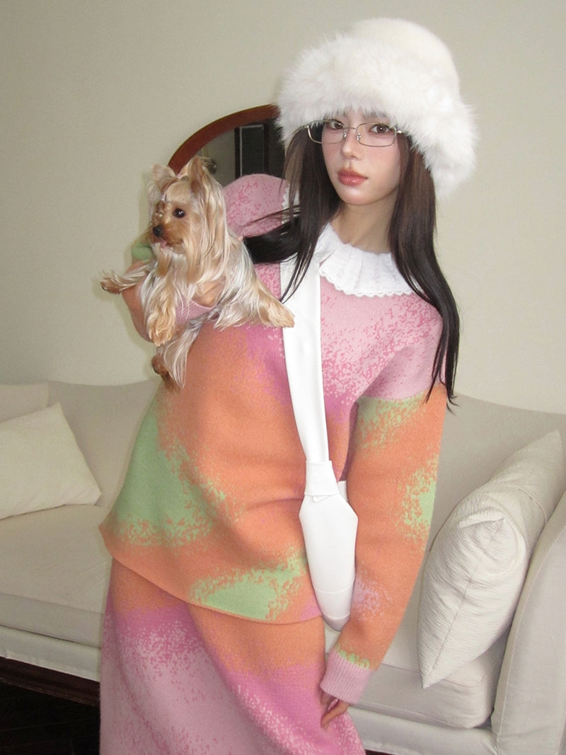 Set-Up Gradation Knit Fancy Loose Cover Tops&Long-Skirt