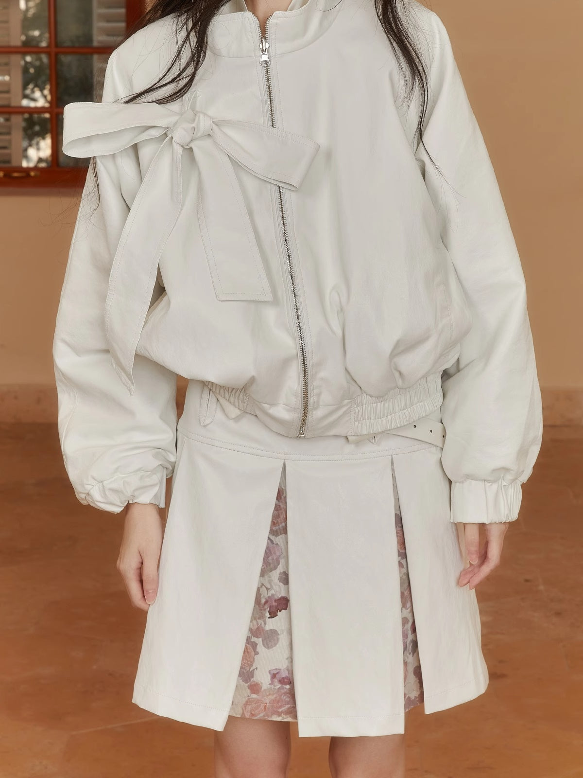 Reversible Flower Ribbon Leather Retro Feminine Jacket&Mini-Skirt