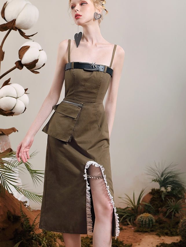 Denim-Schlitz Casual Frill Spitze One-Pieec
