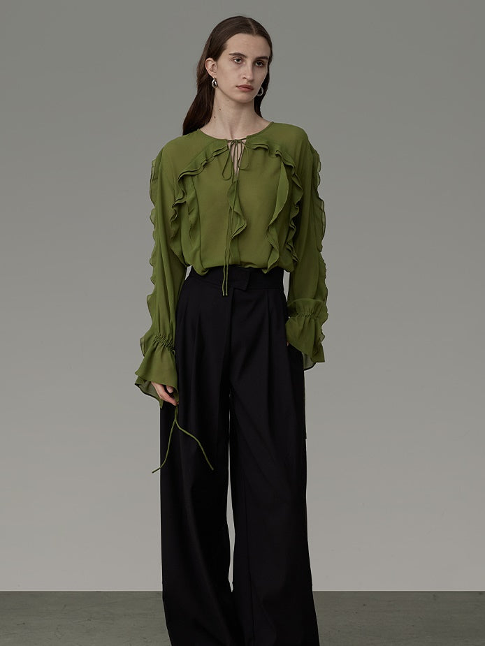 Ciffon Ruffle Drawstring Loose Chic Blouse